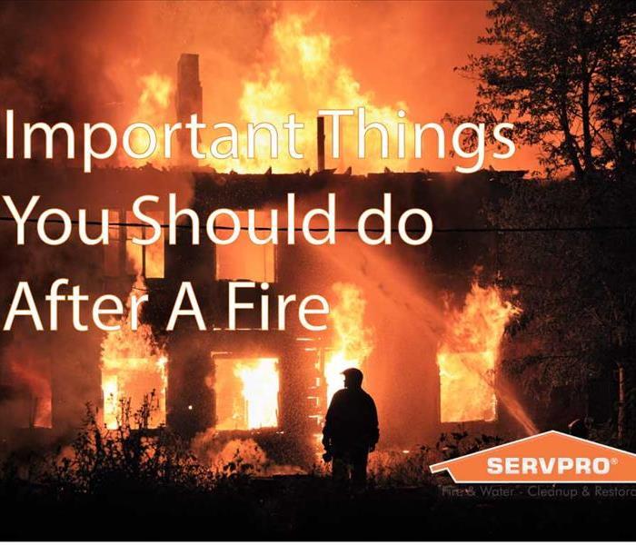 House on fire with white text saying, "Important things to do after a fire"